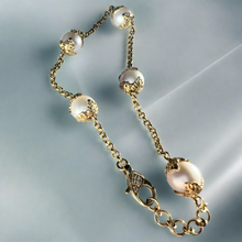 Load image into Gallery viewer, Gold Monstera Pearl Bracelet with diamond clasp