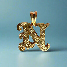 Load image into Gallery viewer, Large Scrolled Letter Initial N Pendant in 14K Yellow Gold