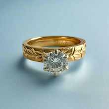 Load image into Gallery viewer, Kaimana Kula Shiny Maile & Hibiscus 4mm Solitaire Flat Ring with Cubic Zirconia in 14K Yellow Gold in size 5 1/8