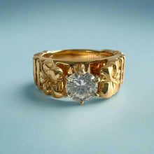 Load image into Gallery viewer, Deep Cut Old English & Plumeria 8mm French Mount Ring with Diamonds & Cubic Zirconia in 14K Yellow Gold in size 8 1/4