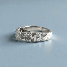 Load image into Gallery viewer, Deep Cut Maile & Plumerias Solitaire Ring with Cubic Zirconia & Diamonds in 14K White Gold in size 7