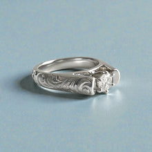 Load image into Gallery viewer, Old English & Hibiscus 4mm French Mount Solitaire Ring with .25ct Diamond in 14K White Gold in size 6