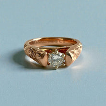 Load image into Gallery viewer, Old English & Hibiscus 4mm French Mount Solitaire Ring with .28ct Diamond in 14K Pink Gold in size 6 5/8