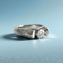 Load image into Gallery viewer, Old English & Hibiscus 4mm French Mount Solitaire Ring with .24ct Diamond in 14K White Gold in size 6 1/8