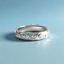 Load image into Gallery viewer, Old English & Hibiscus 4mm French Mount Solitaire Ring with .24ct Diamond in 14K White Gold in size 6 1/8