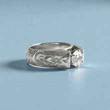 Load image into Gallery viewer, Old English & Hibiscus 6mm French Mount Solitaire Ring with .75ct Cubic Zirconia in 14K White Gold in size 6 5/8