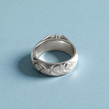 Load image into Gallery viewer, Old English & Hibiscus 6mm French Mount Solitaire Ring with .75ct Cubic Zirconia in 14K White Gold in size 6 5/8