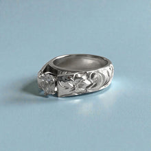 Load image into Gallery viewer, Old English & Hibiscus 6mm French Mount Solitaire Ring with .75ct Cubic Zirconia in 14K White Gold in size 6 5/8