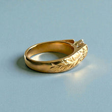 Load image into Gallery viewer, Shiny Maile & Hibiscus 6mm French Mount Solitaire Ring with 1ct Cubic Zirconia in 14K Yellow Gold in size 9 1/4