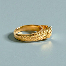 Load image into Gallery viewer, Shiny Maile & Hibiscus 6mm French Mount Solitaire Ring with 1ct Cubic Zirconia in 14K Yellow Gold in size 9 1/4