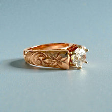 Load image into Gallery viewer, Old English & Hibiscus 6mm Tapered French Mount Solitaire Ring with 1ct Cubic Zirconia in 14K Pink Gold in size 5 3/4