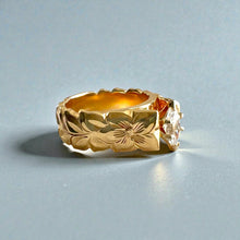 Load image into Gallery viewer, Scalloped Shiny Maile & Hibiscus 8mm French Mount Solitaire Ring with .81ct Marquise Cubic Zirconia in 14K Yellow Gold in size 6 3/4