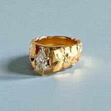 Load image into Gallery viewer, Scalloped Shiny Maile & Hibiscus 8mm French Mount Solitaire Ring with .81ct Marquise Cubic Zirconia in 14K Yellow Gold in size 6 3/4