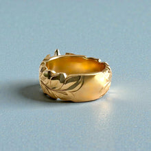 Load image into Gallery viewer, Scalloped Shiny Maile & Hibiscus 8mm French Mount Solitaire Ring with .81ct Marquise Cubic Zirconia in 14K Yellow Gold in size 6 3/4