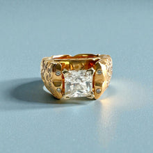 Load image into Gallery viewer, Scalloped Old English & Hibiscus 10mm Tapered French Mount Solitaire Engagement Ring with Princess Cut 1ct Cubic Zirconia & .5ct Diamonds in 14K Yellow Gold in size 7 1/4