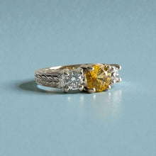 Load image into Gallery viewer, Malama Tapered Flat Ring with Yellow Sapphire and Diamonds in 14K White Gold in size 5 1/4
