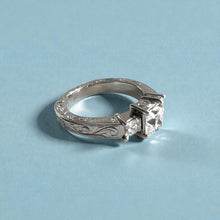 Load image into Gallery viewer, Malama Old English Flat Ring with Princess Cut Cubic Zirconia and Diamonds in 14K White Gold in size 5 1/2