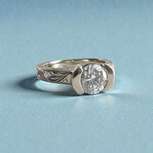 Load image into Gallery viewer, Malama Old English Flat Ring with 6.4mm Cubic Zirconia and Side Engraving in 14K White Gold in size 6 1/2