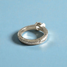 Load image into Gallery viewer, Malama Old English Flat Ring with 6.4mm Cubic Zirconia and Side Engraving in 14K White Gold in size 6 1/2