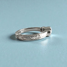 Load image into Gallery viewer, Palau 3mm Old English Flat Ring with Bezel Set Diamonds in 14K White Gold in size 5 3/8 with Old English side engraving