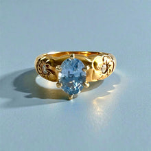 Load image into Gallery viewer, Palau Plumeria Ring with Light Blue Sapphire & Diamonds in 14K Yellow Gold in size 6 1/8