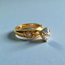 Load image into Gallery viewer, Palau Plumeria Ring with Light Blue Sapphire & Diamonds in 14K Yellow Gold in size 6 1/8