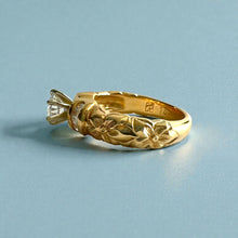 Load image into Gallery viewer, Kaimana Hibiscus Ring with 6.4mm ubic Zirconia & Diamonds in 14K Yellow Gold in size 8