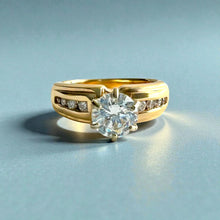 Load image into Gallery viewer, Kaimana Tapered 6mm Old English Ring with 6.4mm Cubic Zirconia & Diamonds in 14K Yellow Gold in size 7 1/8