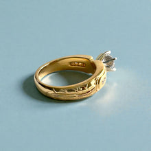 Load image into Gallery viewer, Kaimana Tapered 6mm Long Leaf Maile Ring with 6.4mm Cubic Zirconia & Diamonds in 14K Yellow Gold in size 7