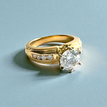 Load image into Gallery viewer, Kaimana Tapered 6mm Long Leaf Maile Ring with 6.4mm Cubic Zirconia & Diamonds in 14K Yellow Gold in size 7