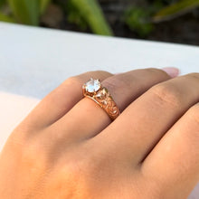 Load image into Gallery viewer, Old English & Hibiscus 6mm Tapered French Mount Solitaire Ring with 1ct Cubic Zirconia in 14K Pink Gold in size 5 3/4