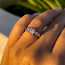 Load image into Gallery viewer, Malama Old English Flat Ring with Princess Cut Cubic Zirconia and Diamonds in 14K White Gold in size 5 1/2