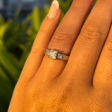 Load image into Gallery viewer, Malama Old English Flat Ring with Princess Cut Cubic Zirconia and Diamonds in 14K White Gold in size 5 1/2