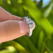 Load image into Gallery viewer, Malama Old English Flat Ring with Princess Cut Cubic Zirconia and Diamonds in 14K White Gold in size 5 1/2