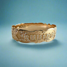 Load image into Gallery viewer, Scalloped 18mm Old English & Plumerias Raised Diamond "Kuuipo" Hawaiian Bangle Bracelet in 14K Yellow Gold