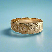 Load image into Gallery viewer, Scalloped 18mm Old English & Plumerias Raised Diamond "Kuuipo" Hawaiian Bangle Bracelet in 14K Yellow Gold
