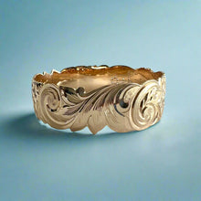 Load image into Gallery viewer, Scalloped 18mm Old English & Plumerias Raised Diamond "Kuuipo" Hawaiian Bangle Bracelet in 14K Yellow Gold
