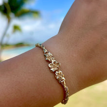 Load image into Gallery viewer, Three Plumeria Hawaiian ID Bracelet in 14K Gold