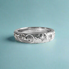 Load image into Gallery viewer, Old English & Plumeria 4mm Barrel Ring in 14K White Gold