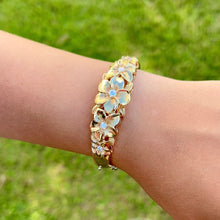 Load image into Gallery viewer, Large Five Diamond Plumeria Hinge & Clasp Hawaiian Bracelet in 14K Yellow Gold