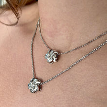 Load image into Gallery viewer, Model wearing Hawaiian Plumeria Slider Necklaces with Diamonds in 14K White Gold