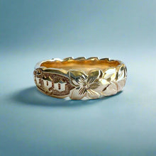 Load image into Gallery viewer, Scalloped Shiny Maile with Hibiscus 6mm Raised "Kuuipo" Ring in 14K Yellow Gold
