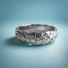 Load image into Gallery viewer, Scalloped Old English & Hibiscus 6mm Ring in 14K White Gold in size 9 1/2