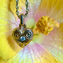 Load image into Gallery viewer, Small Heart Pendant with Scrolls & Diamond in 14K Yellow Gold
