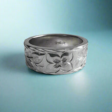 Load image into Gallery viewer, Maile & Hibiscus 8mm Hawaiian Flat Ring in 14K White in size 8 1/4
