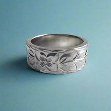 Load image into Gallery viewer, Maile & Hibiscus 8mm Hawaiian Flat Ring in 14K White in size 8 1/4