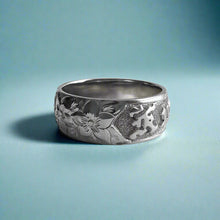 Load image into Gallery viewer, Hibiscus with leaves 8mm Raised Hawaiian "Kuuipo" Ring in 14K White Gold in size 9 3/8