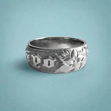Load image into Gallery viewer, Hibiscus with leaves 8mm Raised Hawaiian "Kuuipo" Ring in 14K White Gold in size 9 3/8