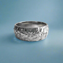 Load image into Gallery viewer, Hibiscus with leaves 8mm Raised Hawaiian "Kuuipo" Ring in 14K White Gold in size 9 3/8