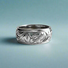 Load image into Gallery viewer, Old English & Hibiscus 8mm Ring in 14K White Gold in size 8